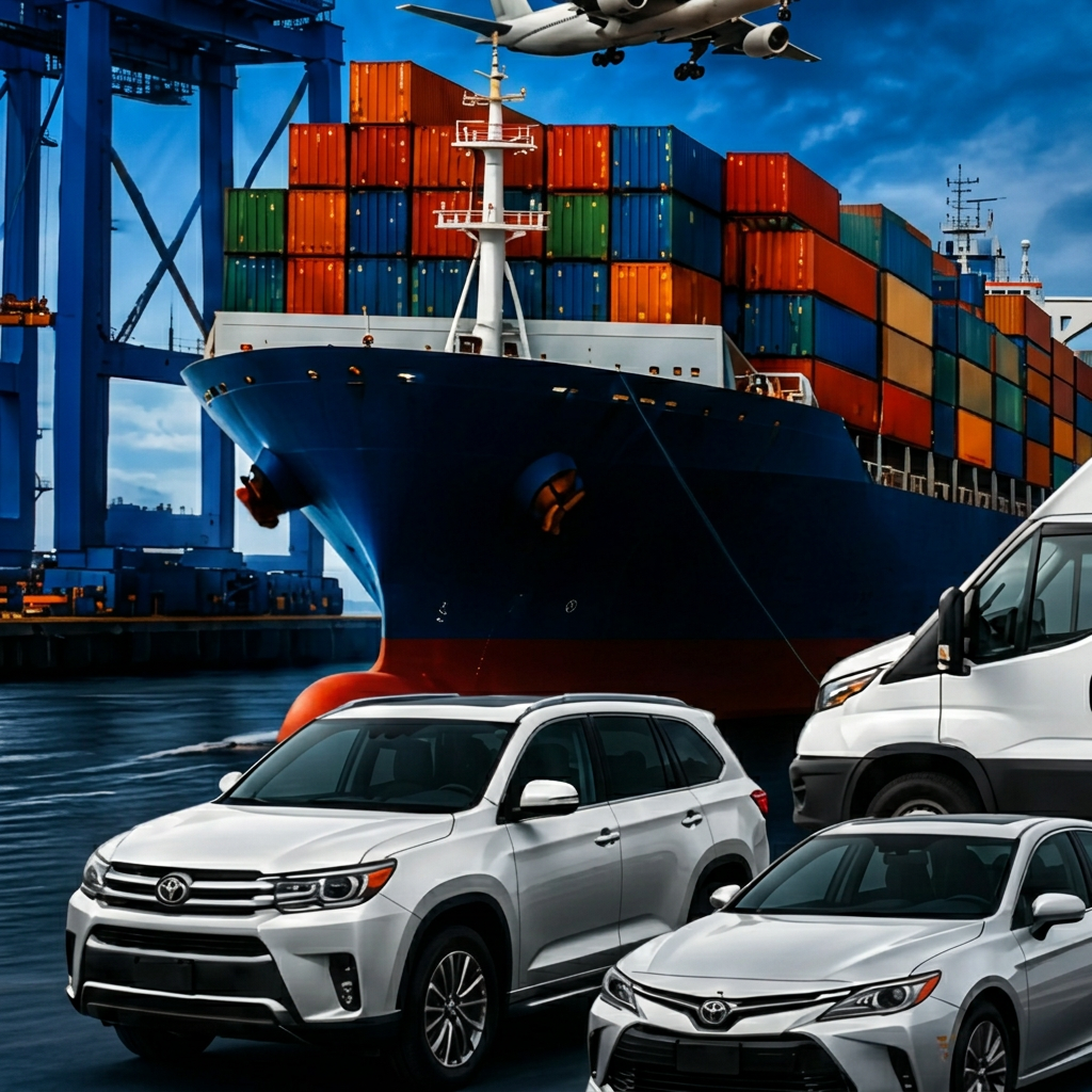 Container ship and cargo aircraft loading vehicles at port