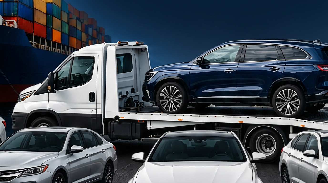 JPM flatbed tow truck carrying a blue SUV at the container terminal
